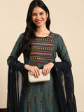 Women's Graphic Ethnic Green Straight Kurta Set with Dupatta
