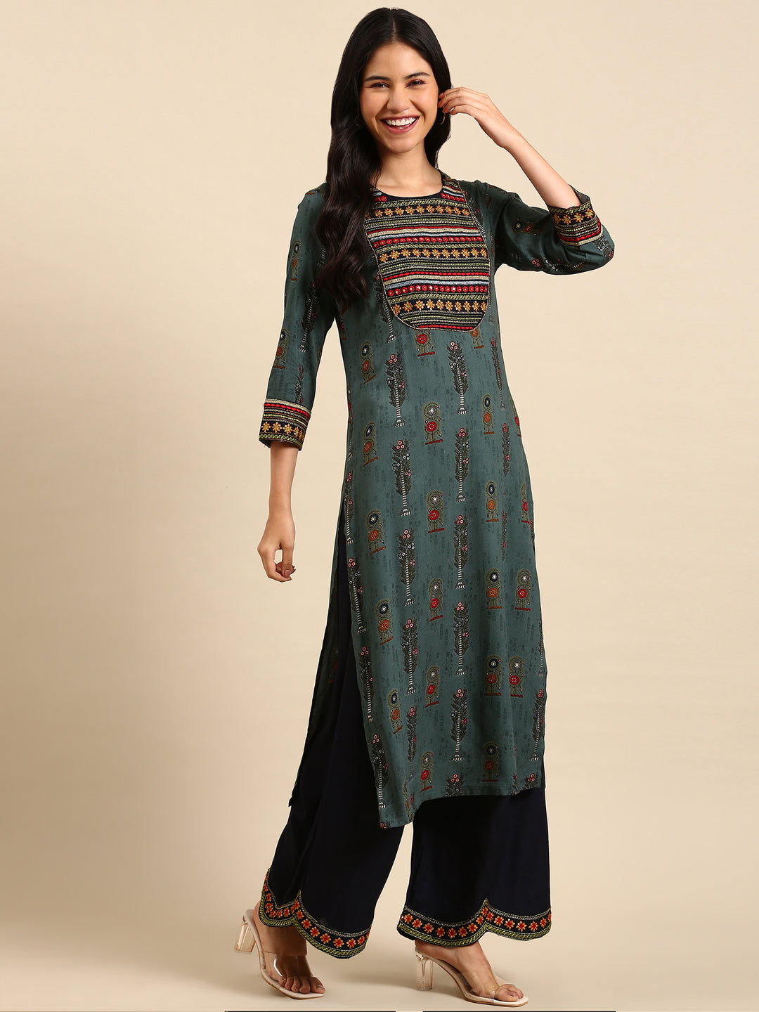 Women's Graphic Ethnic Green Straight Kurta Set with Dupatta