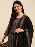 Women's Paisley Grey A-Line Kurta Set with Dupatta