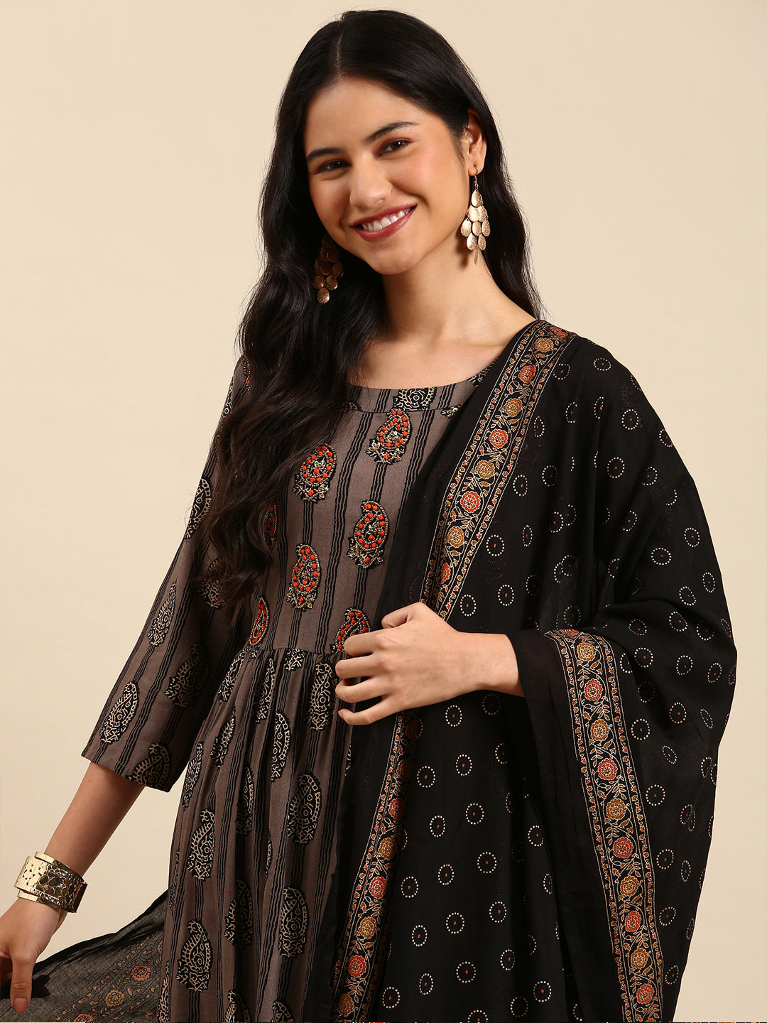 Women's Paisley Grey A-Line Kurta Set with Dupatta