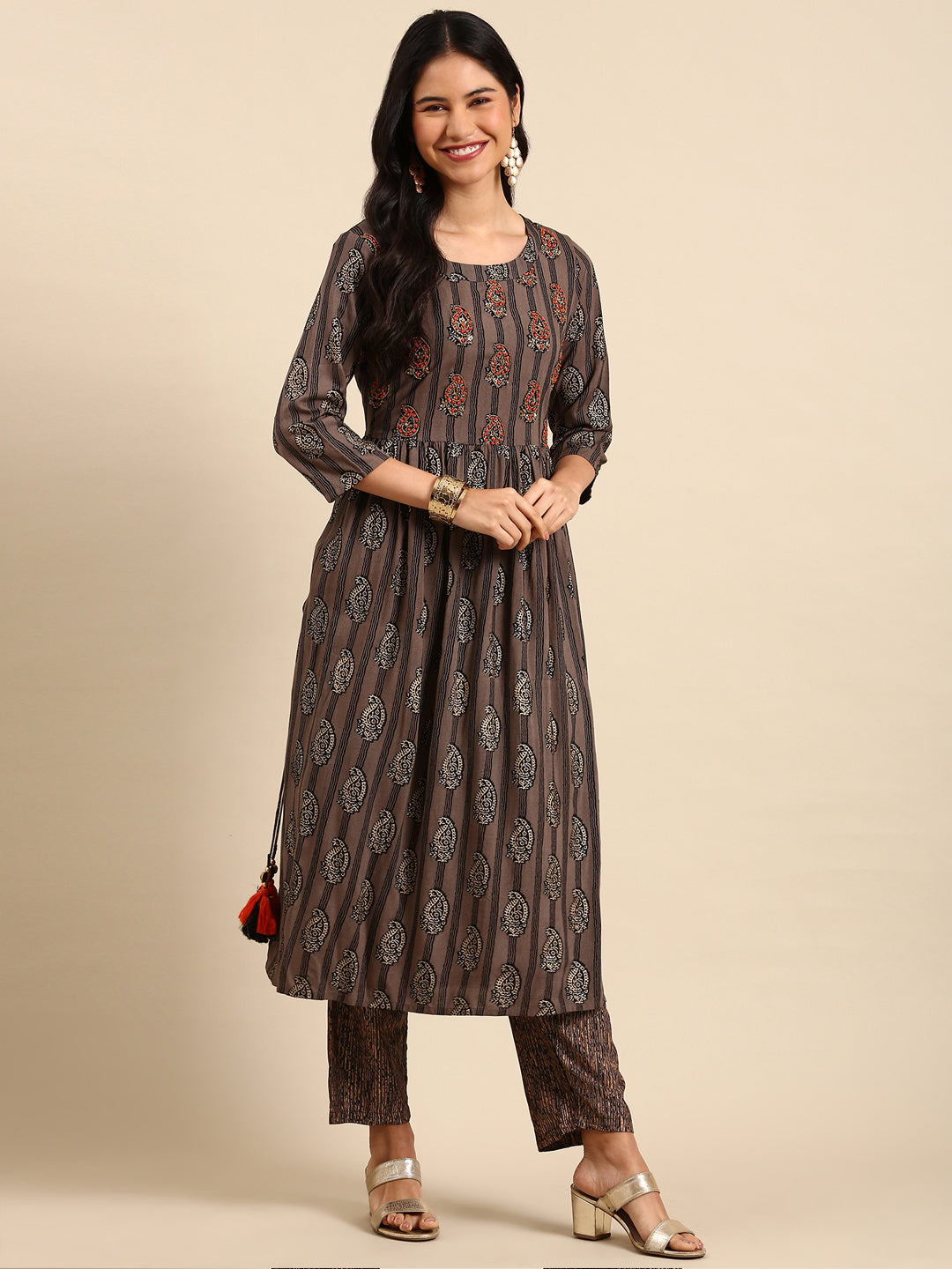 Women's Paisley Grey A-Line Kurta Set with Dupatta
