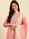 Women's Pink Abstract Straight Kurta Set with Dupatta