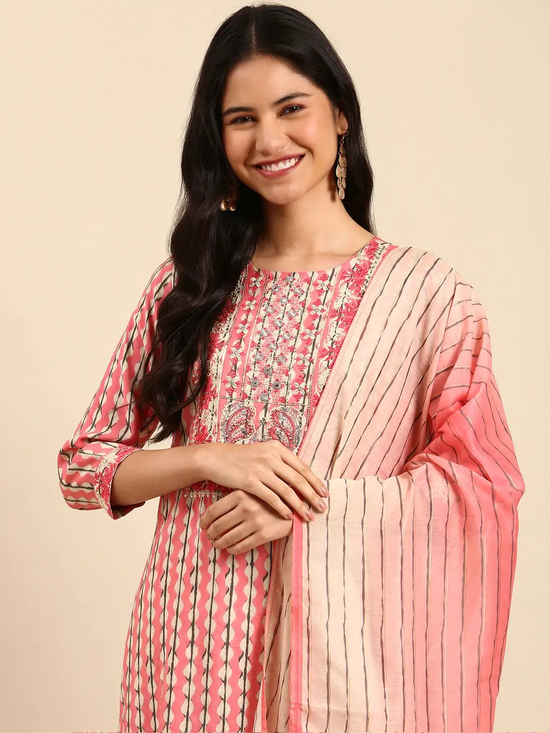 Women's Pink Abstract Straight Kurta Set with Dupatta