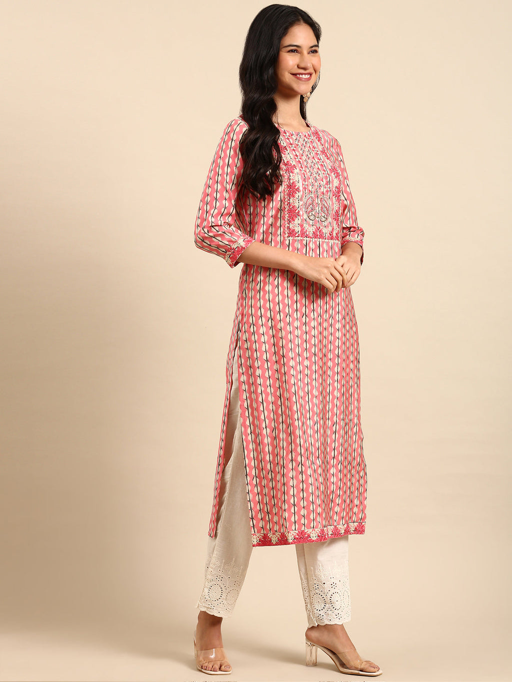 Women's Pink Abstract Straight Kurta Set with Dupatta