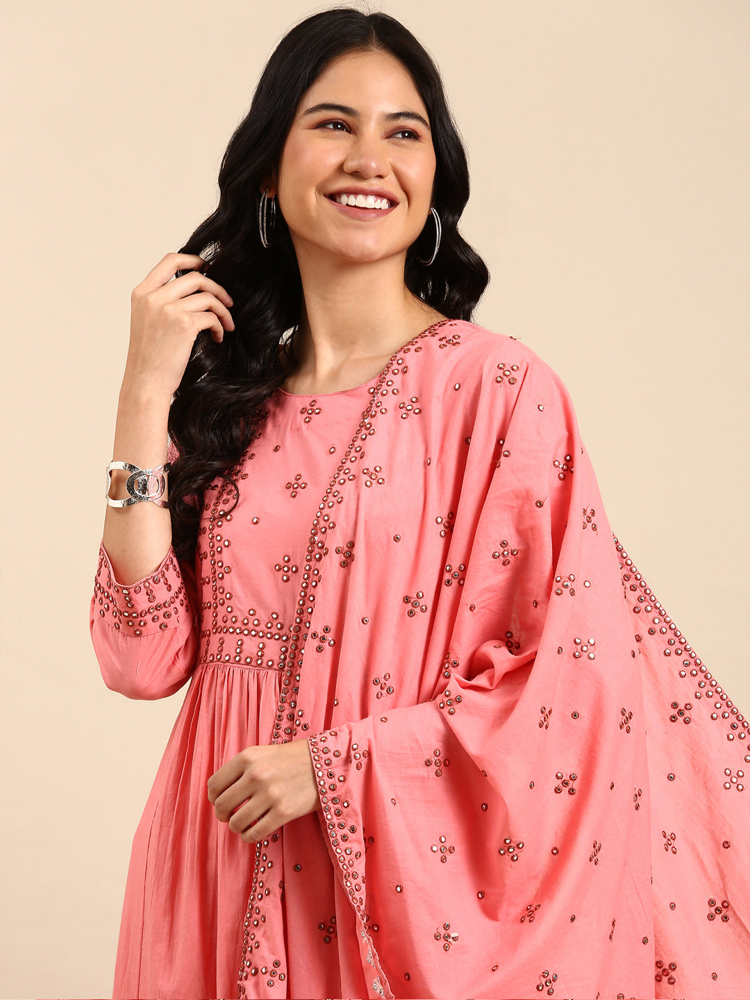 Women's Solid Ethnic Pink A-Line Kurta Set with Dupatta