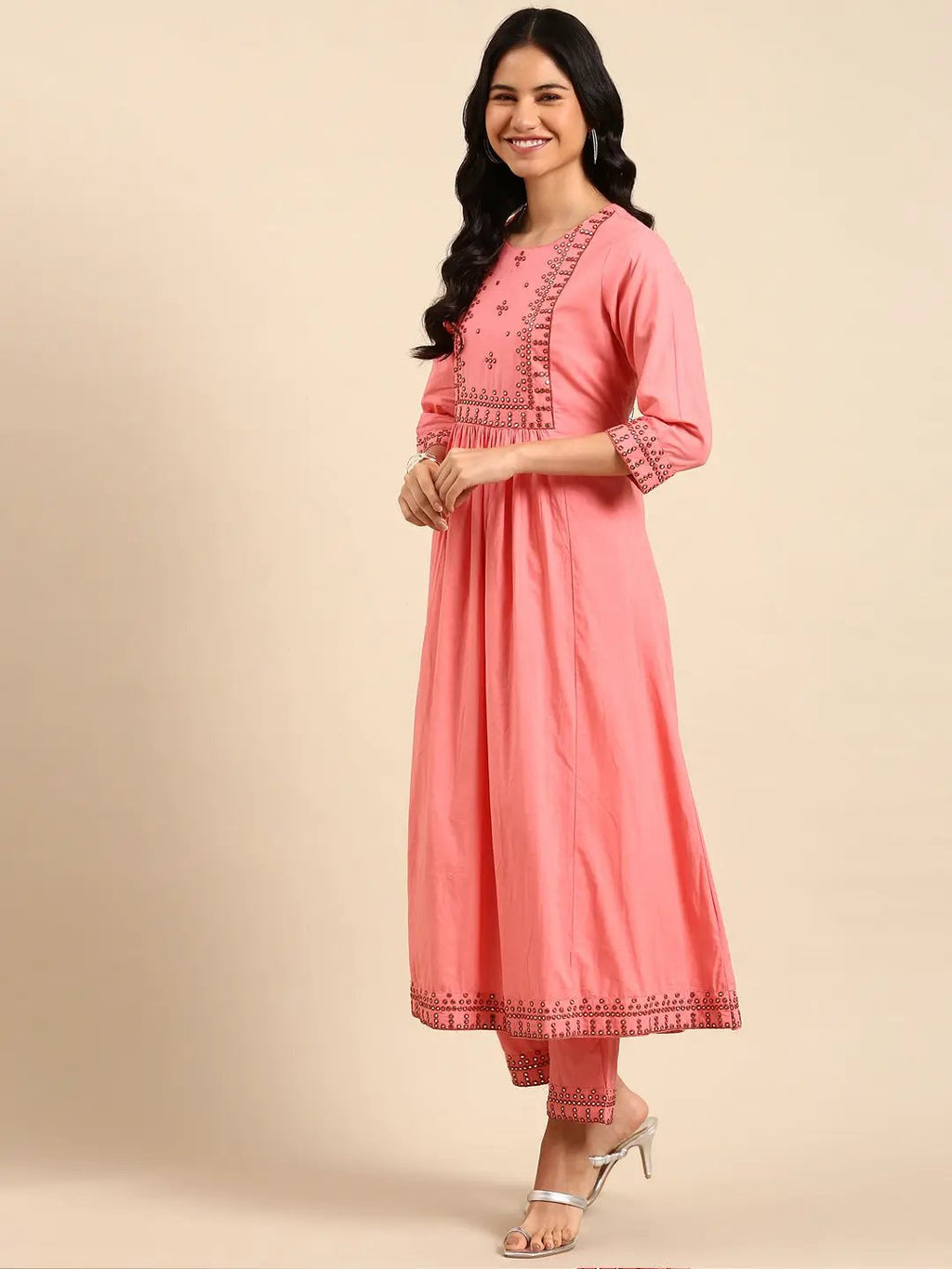Women's Solid Ethnic Pink A-Line Kurta Set with Dupatta