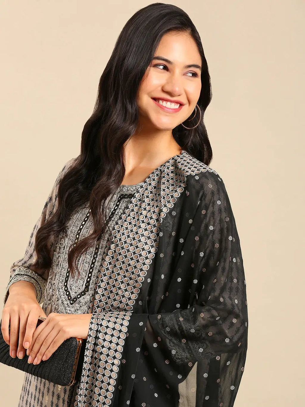 Women's Graphic Printed Grey Straight Kurta Set with Dupatta