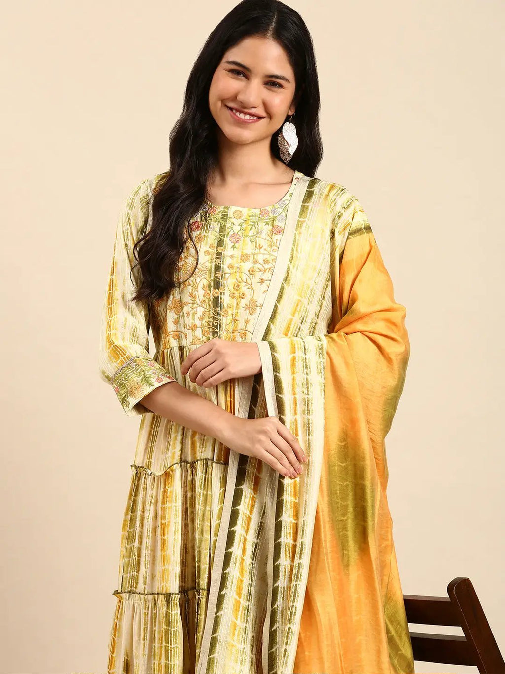 Women's Striped Cream Anarkali Kurta Set with Dupatta