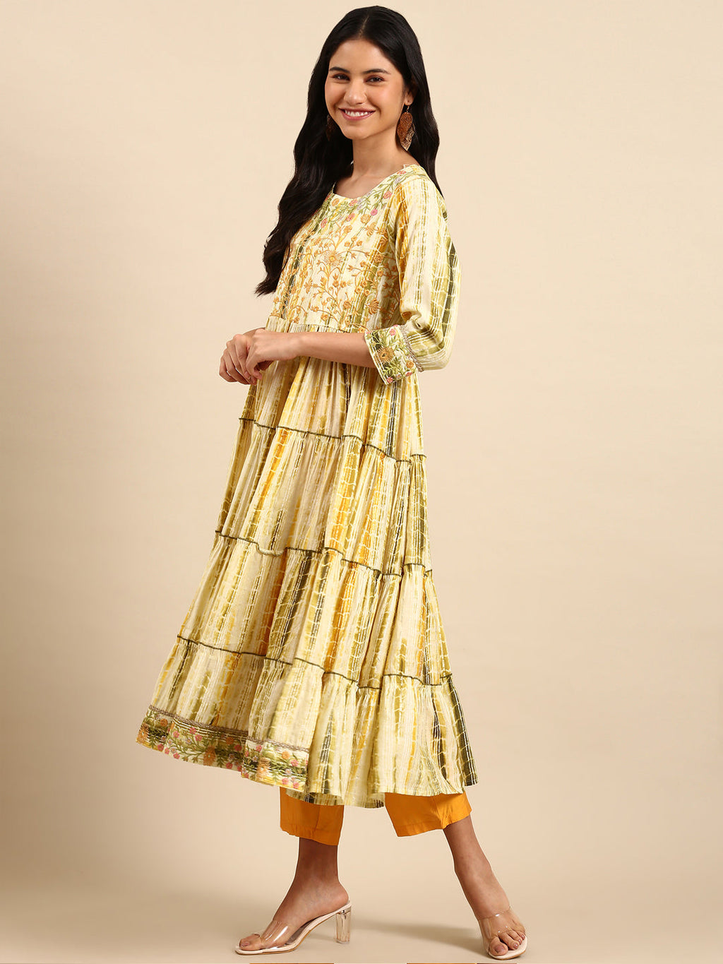Women's Striped Cream Anarkali Kurta Set with Dupatta