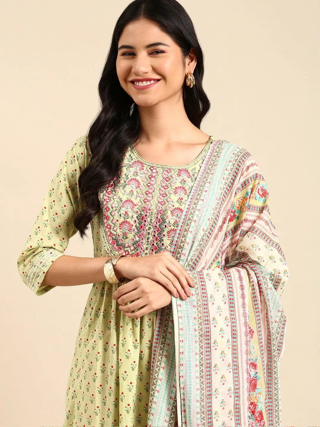 Women's Floral Green Anarkali Kurta Set with Dupatta