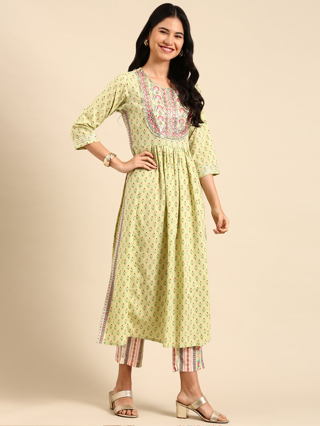 Women's Floral Green Anarkali Kurta Set with Dupatta