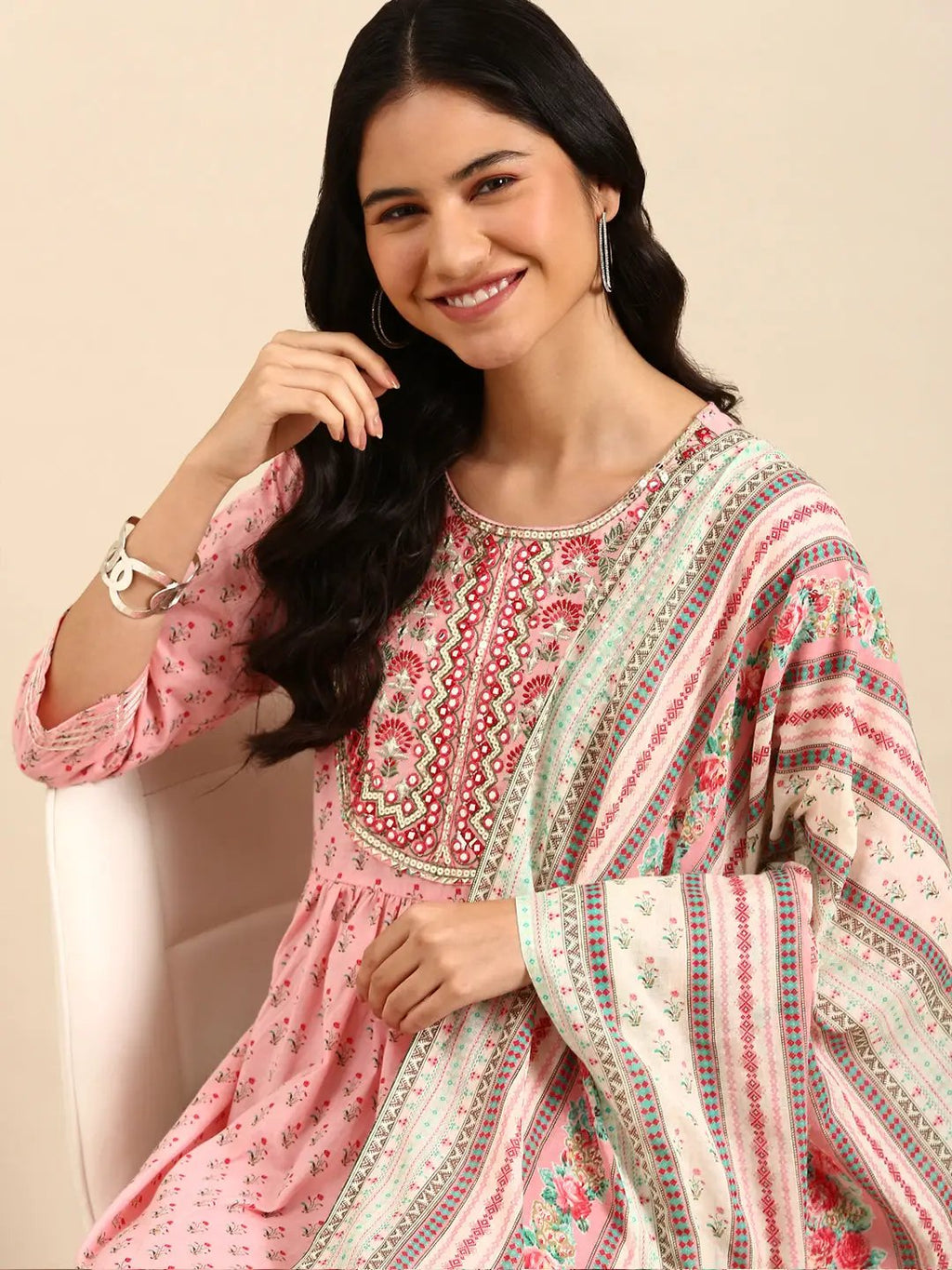 Women's Floral Pink Anarkali Kurta Set with Dupatta