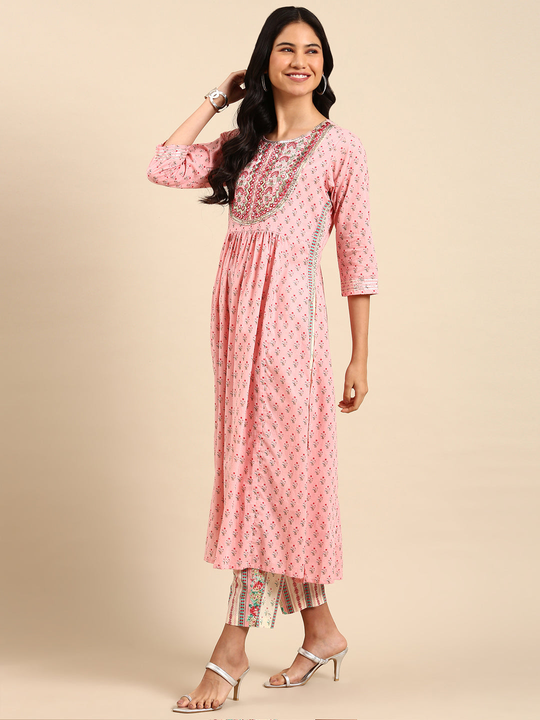 Women's Floral Pink Anarkali Kurta Set with Dupatta