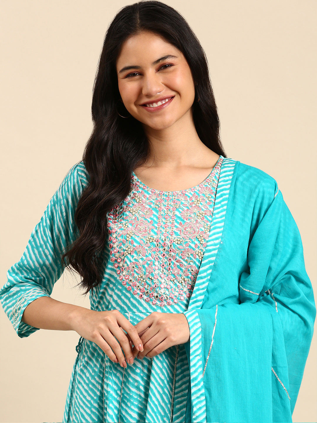 Women's Leheriya Blue Anarkali Kurta Set with Dupatta