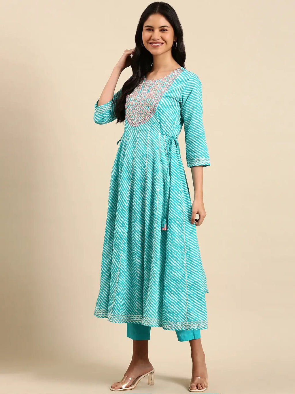 Women's Leheriya Blue Anarkali Kurta Set with Dupatta