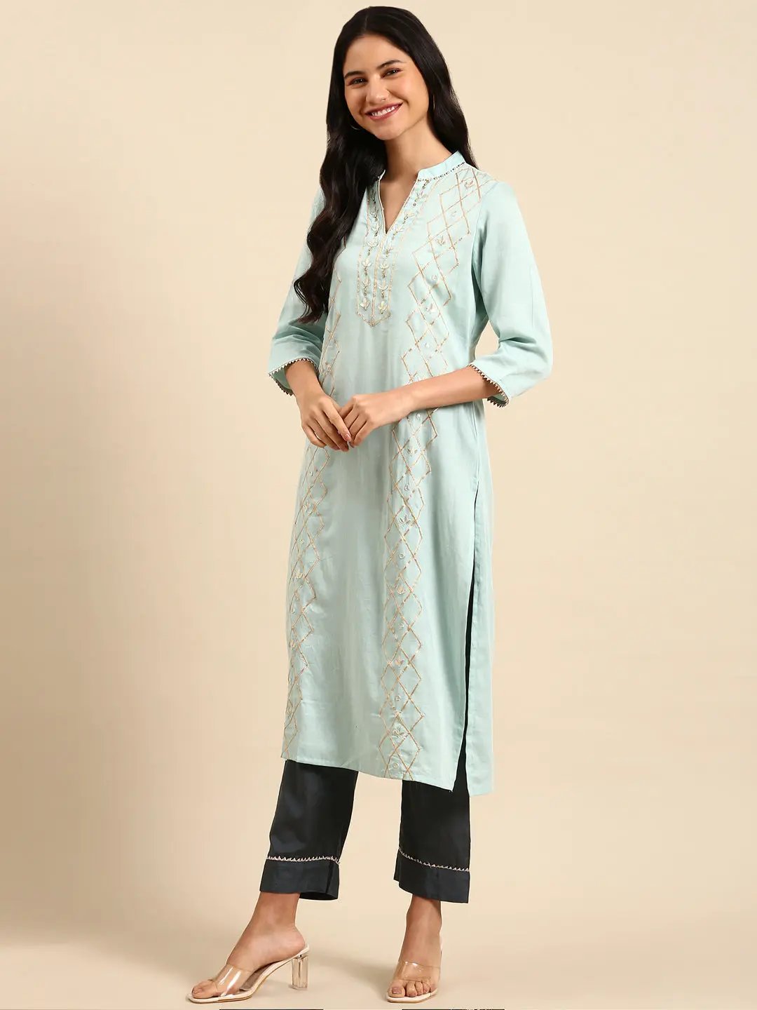 Women's Solid Ethnic Blue Straight Kurta Set with Dupatta