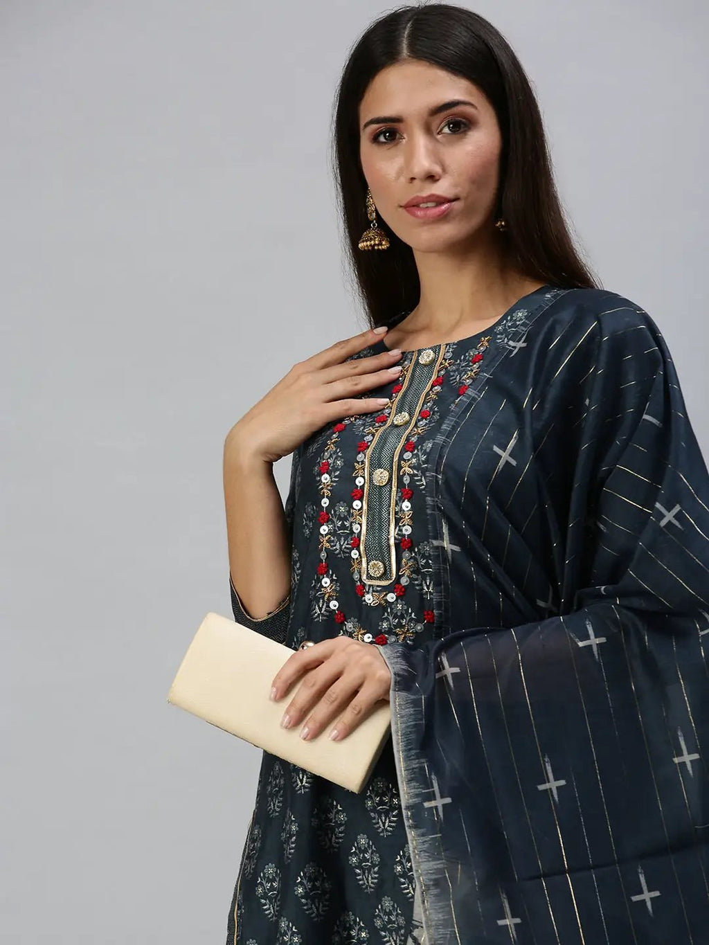 Women's Blue Ethnic Motifs Embroidered Thread Work Kurta Sets with Dupatta