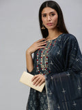 Women's Blue Ethnic Motifs Embroidered Thread Work Kurta Sets with Dupatta