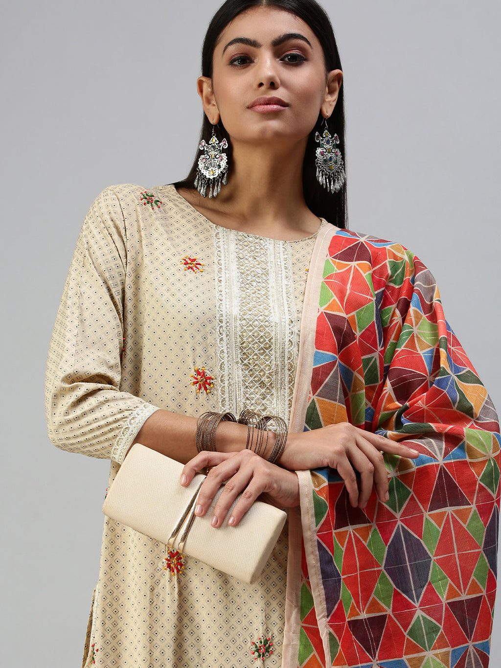 Women's Beige Ethnic Motifs Sequinned Kurta Sets with Palazzos & Dupatta