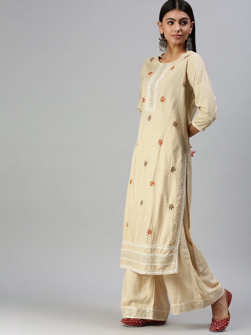 Women's Beige Ethnic Motifs Sequinned Kurta Sets with Palazzos & Dupatta