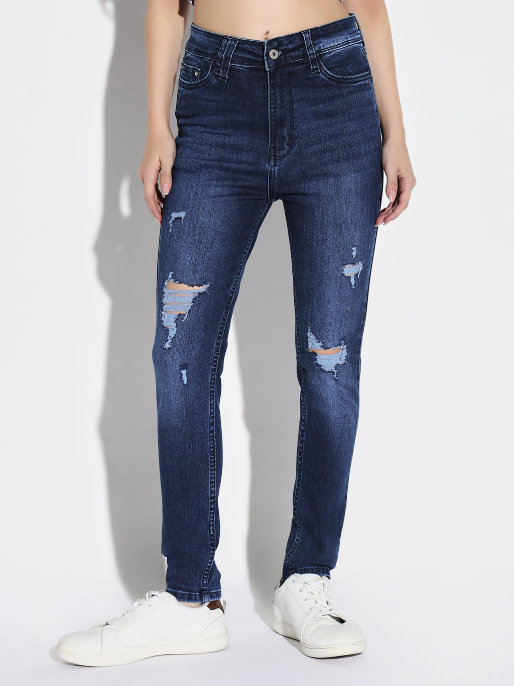Women's Navy Blue Cotton Comfort Skinny Fit Light Fade Acid Wash Stretchable Jeans