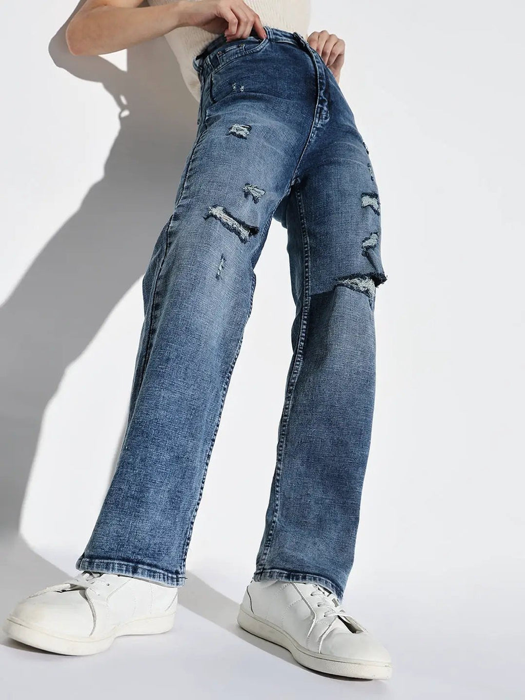 Women's Blue Comfort Wide Leg Heavy Fade Comfort Jeans