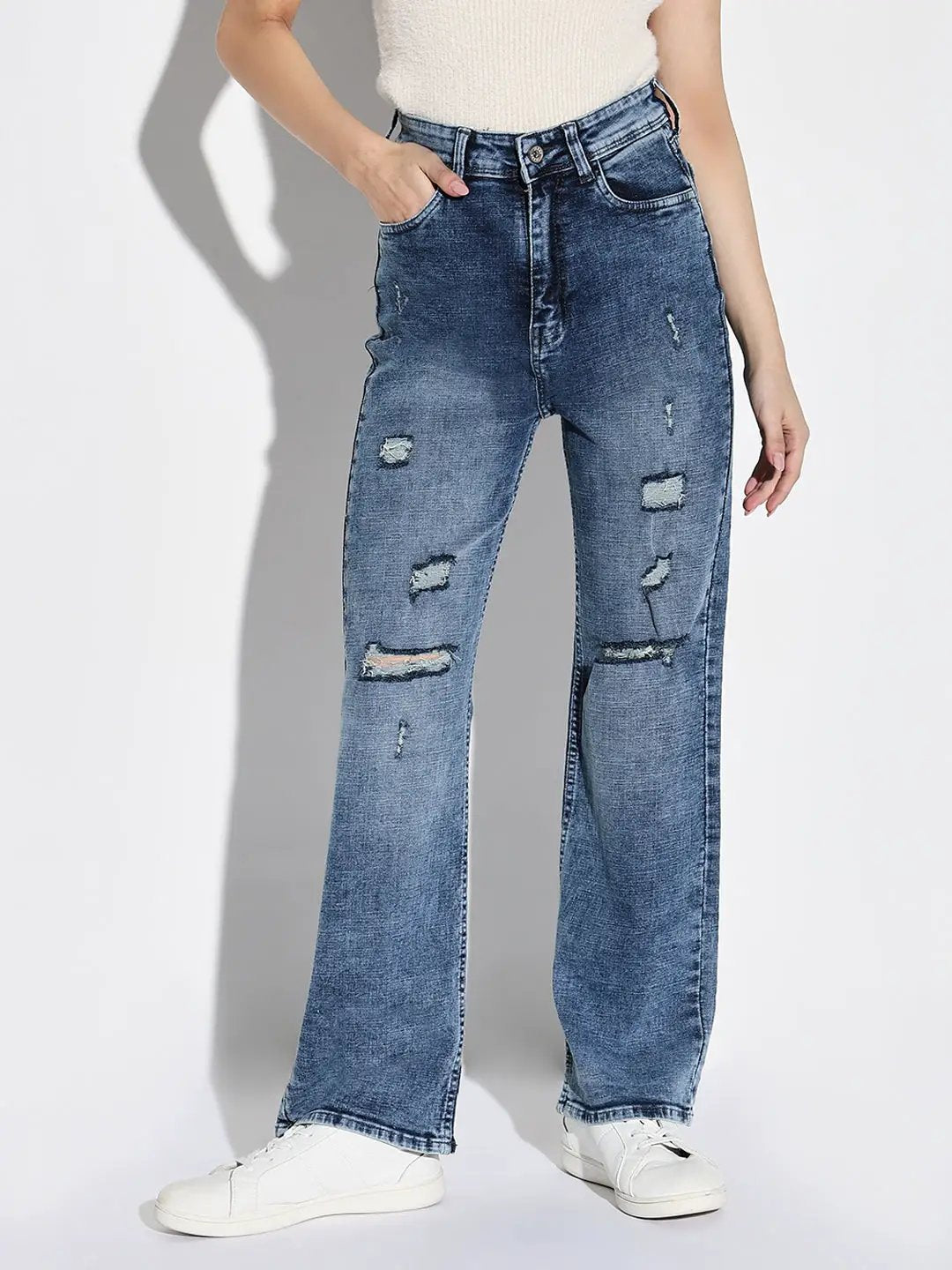 Women's Blue Comfort Wide Leg Heavy Fade Comfort Jeans