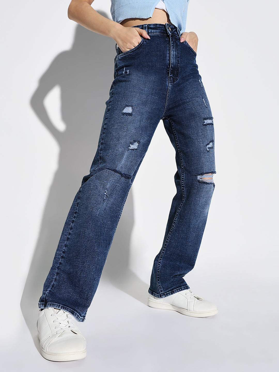 Women's Blue Comfort Straight Fit Slash Knee Heavy Fade Jeans