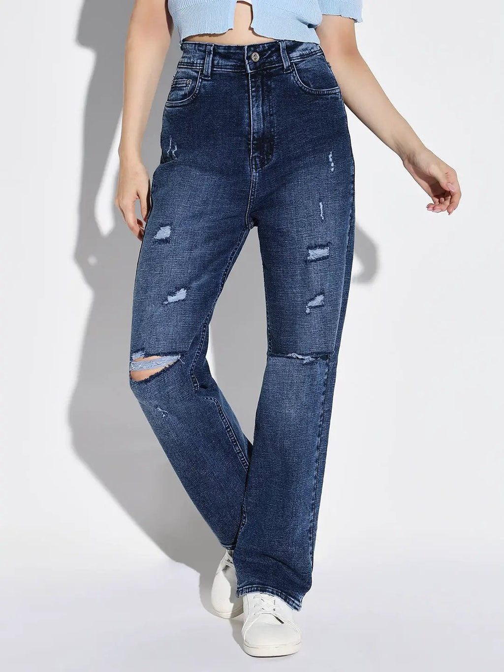 Women's Blue Comfort Straight Fit Slash Knee Heavy Fade Jeans