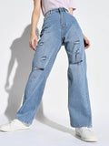 Women's Blue Comfort Wide Leg Slash Knee Heavy Fade Acid Wash Jeans