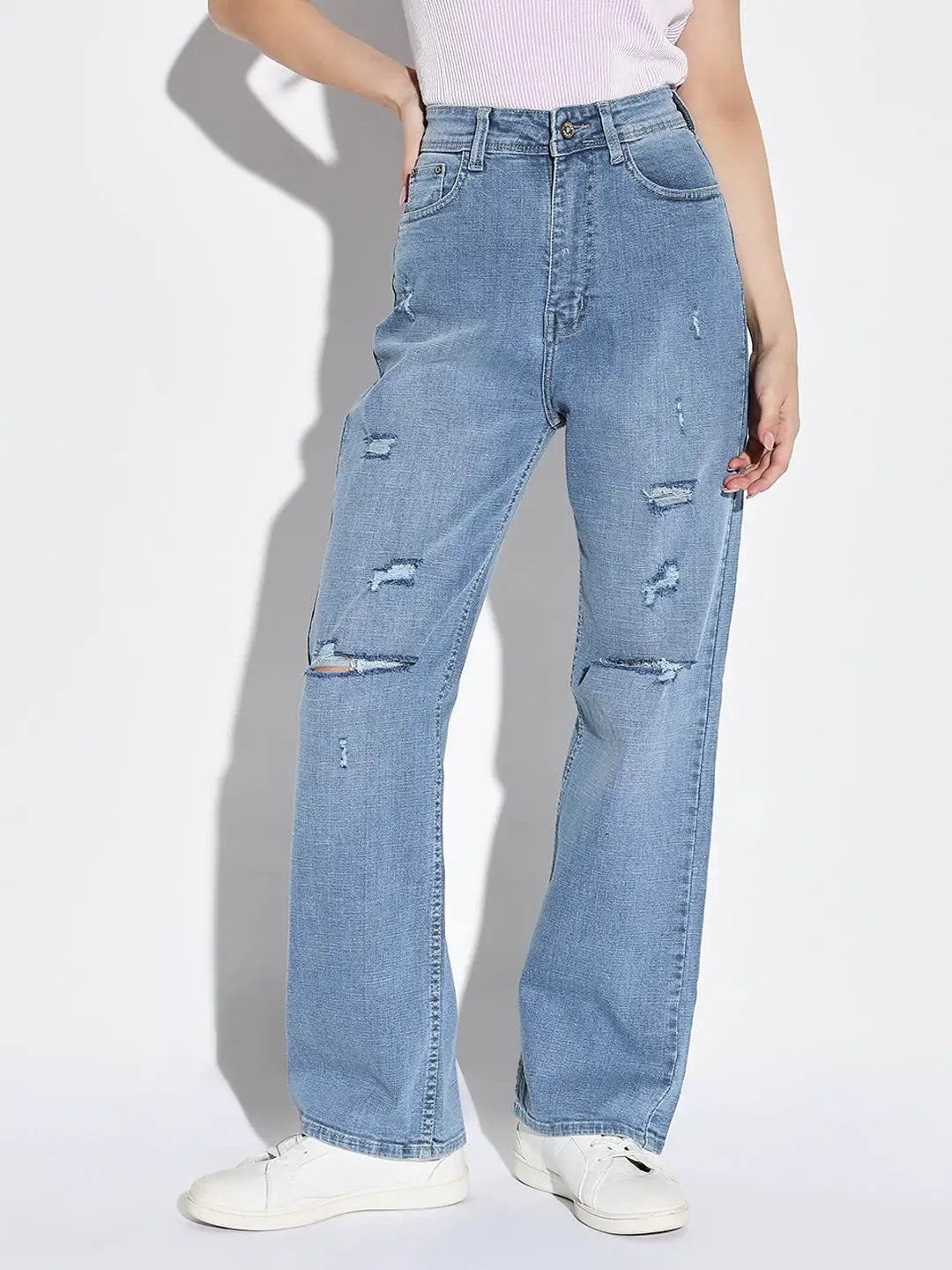 Women's Blue Comfort Wide Leg Slash Knee Heavy Fade Acid Wash Jeans