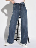 Women's Navy Blue Comfort Wide Leg Acid Wash Denim Jeans