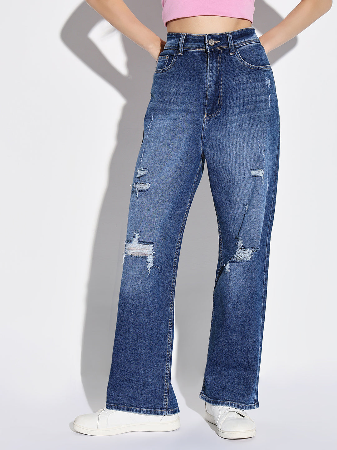 Women's Blue Comfort Wide Leg Mildly Distressed Heavy Fade Acid Wash Stretchable Jeans