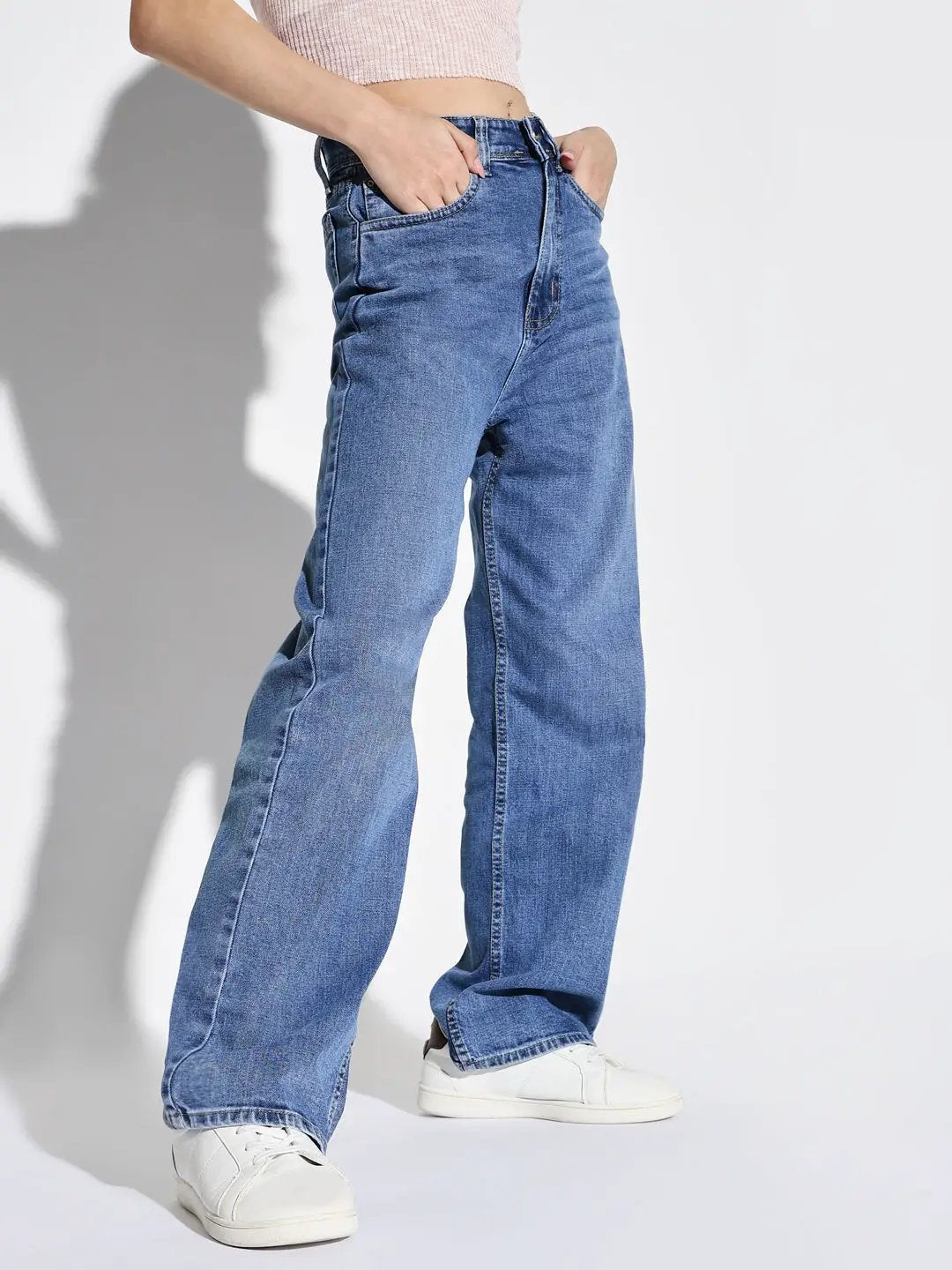 Women's Blue Comfort Wide Leg Light Fade Acid Wash Jeans