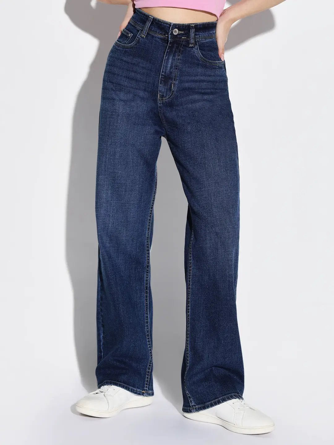 Women's Navy Blue Comfort Wide Leg Light Fade Jeans