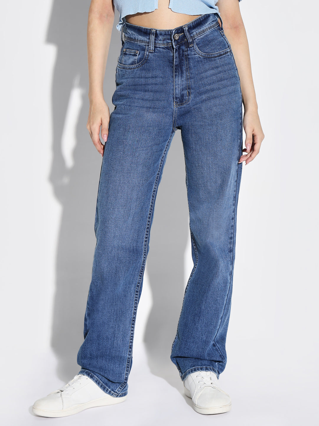 Women's Blue Comfort Wide Leg Light Fade Stretchable Jeans