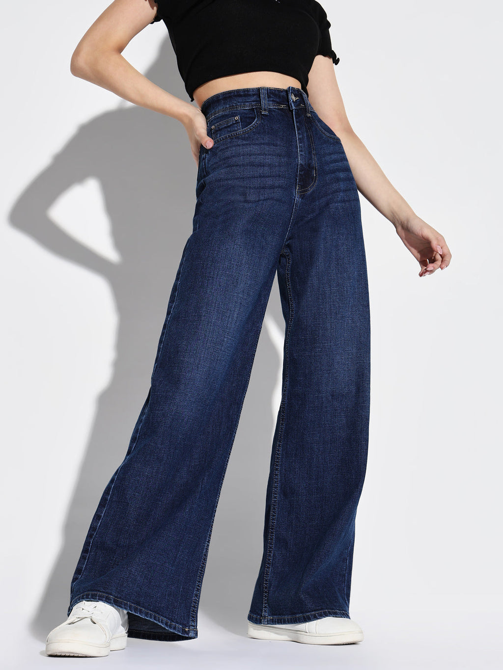Women's Navy Blue Comfort Wide Leg Light Fad Stretchable Jeans