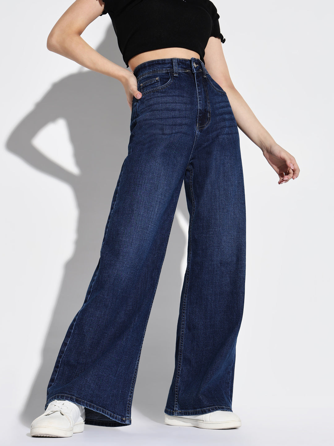 Women's Navy Blue Comfort Wide Leg Light Fad Stretchable Jeans