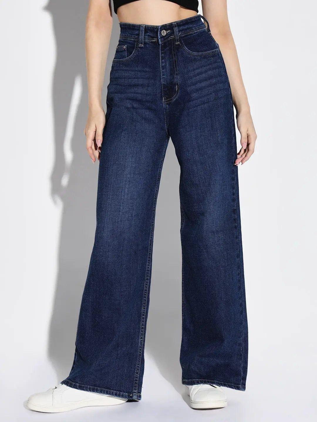 Women's Navy Blue Comfort Wide Leg Light Fad Stretchable Jeans