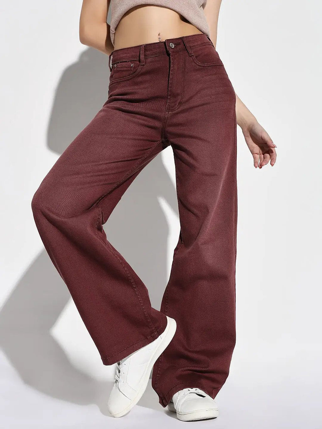 Women's Maroon Comfort High-Rise Wide Leg Light Fade Stretchable Jeans