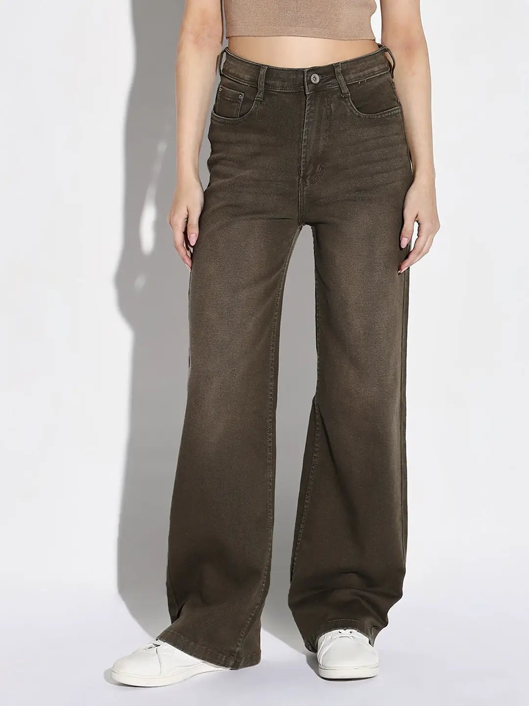 Women's Olive Mid-Rise Comfort Wide Leg Light Fade Acid Wash Stretchable Jeans