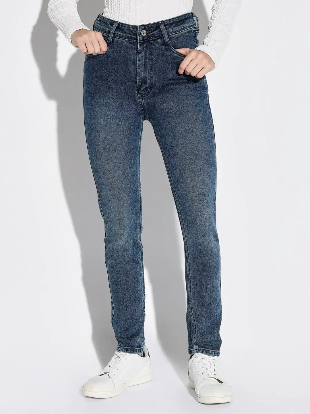 Women's Blue Mid-Rise Comfort Slim Fit Light Fade Acid Wash Stretchable Jeans