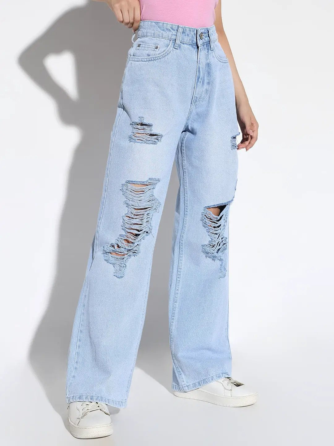Women's Blue Comfort Wide Leg Highly Distressed Light Fade Denim Jeans