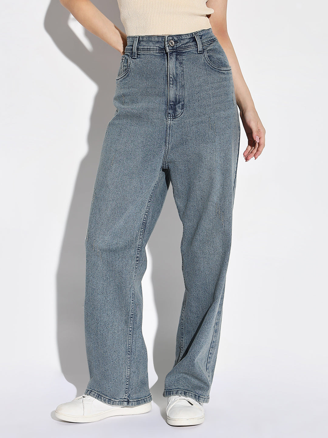 Women's Blue Comfort Wide Leg Low Distress Light Fade Acid Wash Stretchable Jeans