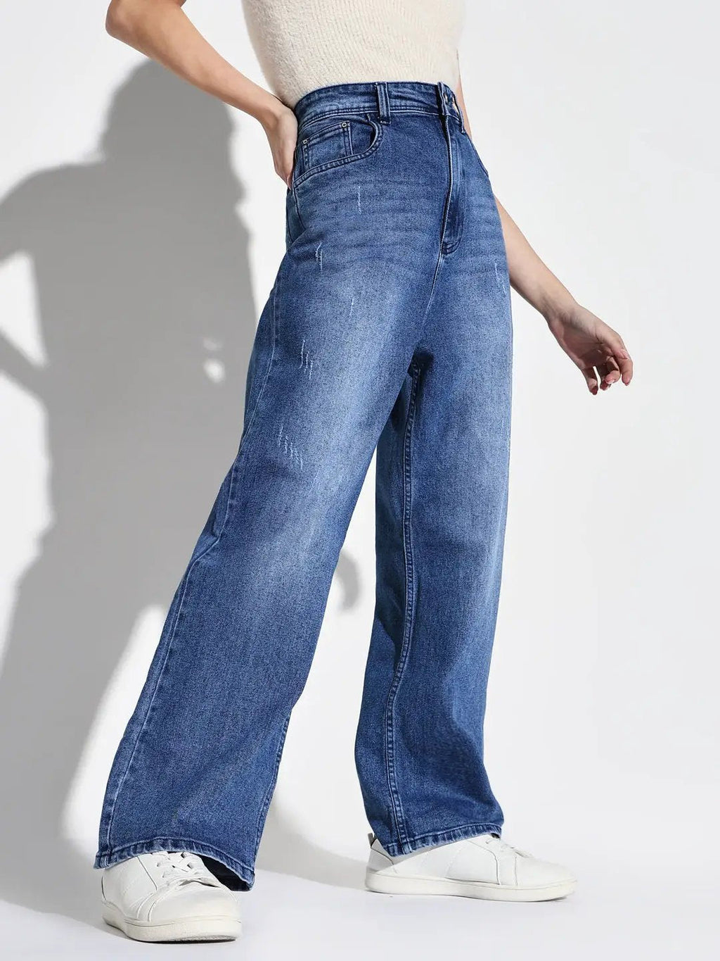 Women's Blue Comfort Wide Leg Low Distress Light Fade Acid Wash Stretchable Jeans