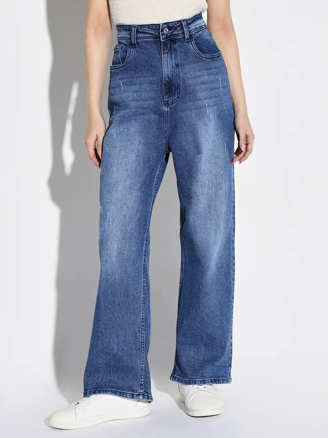 Women's Blue Comfort Wide Leg Low Distress Light Fade Acid Wash Stretchable Jeans