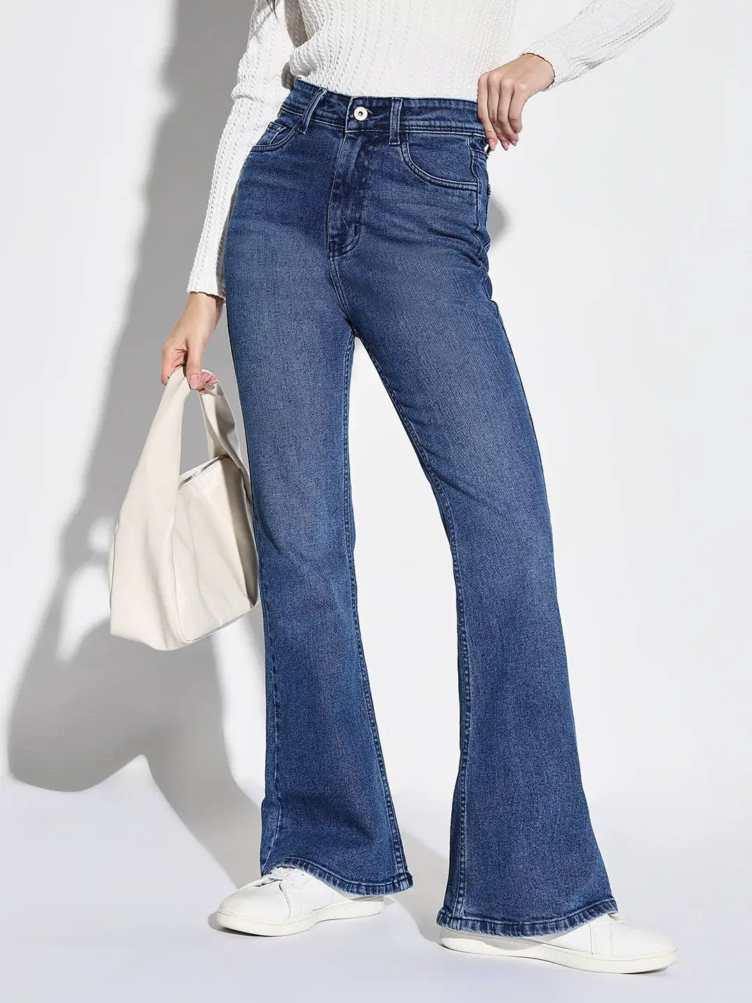 Women's Blue Cotton Mid-Rise Comfort Bootcut Light Fade Acid Wash Stretchable Jeans