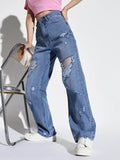 Women's Blue Comfort Wide Leg Highly Distressed Light Fade Jeans