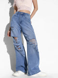 Women's Blue Comfort Wide Leg Highly Distressed Light Fade Acid Wash Jeans