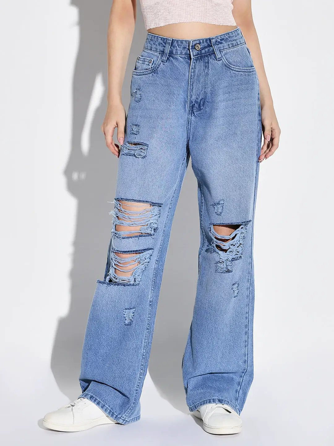 Women's Blue Comfort Wide Leg Highly Distressed Light Fade Acid Wash Jeans